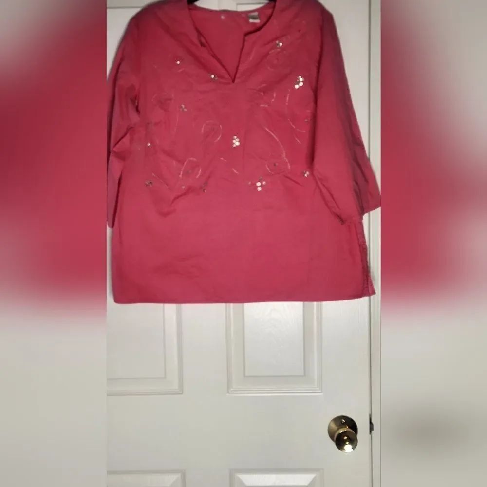 Unbranded L Pink 3/4 Sleeves 100% Cotton V-neck Women's Top Blouse